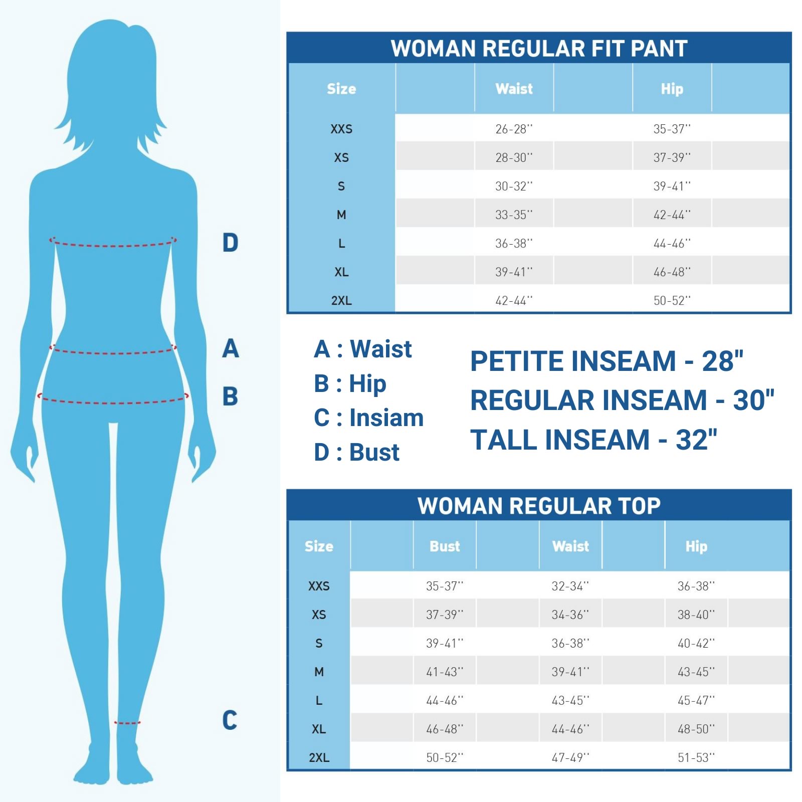 Women Regular Fit Size Chart